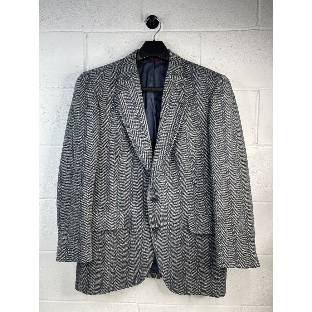 Jos A Bank Harris Tweed Blazer Mens 42R Gray Herringbone Wool Sport Coat Vtg